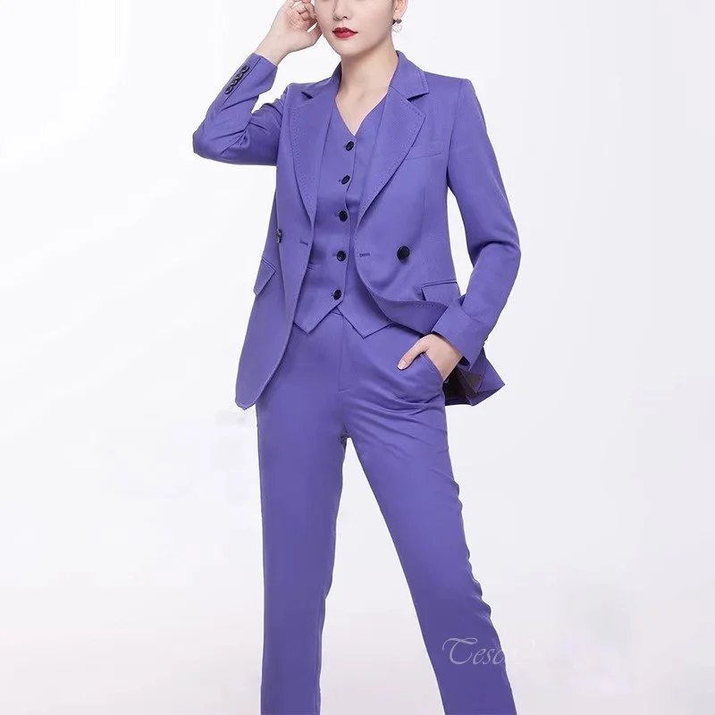 Tesco Fall Suit 3 Piece Blazer+Vest+Pants For Women Violet Elegant Slim Fit Office Lady Pant Sets 2024 Wedding Stage Outfits