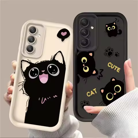 Lovely Black Cat Love Heart Phone Case For Samsung Galaxy A14 A15 5G S21 S22 S23 S24 FE Plus Ultra A25 A35 A52 A53 A54 A55 Cover