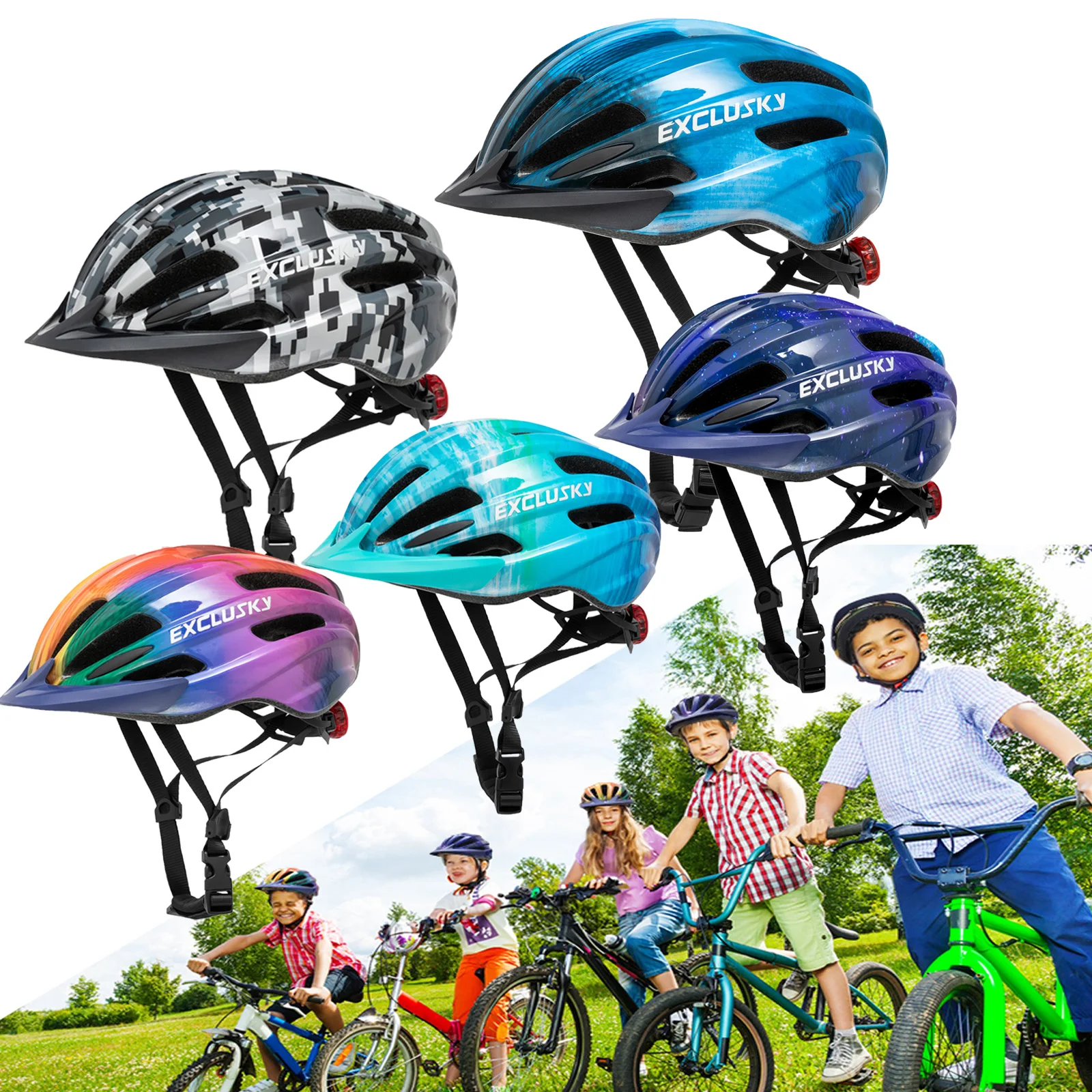 

EXCLUSKY Kid Bike Helmet With LED Light Sun Visor 5-13 years old Boys Girls Ultralight Road Mountain Safety Cycling Helmet