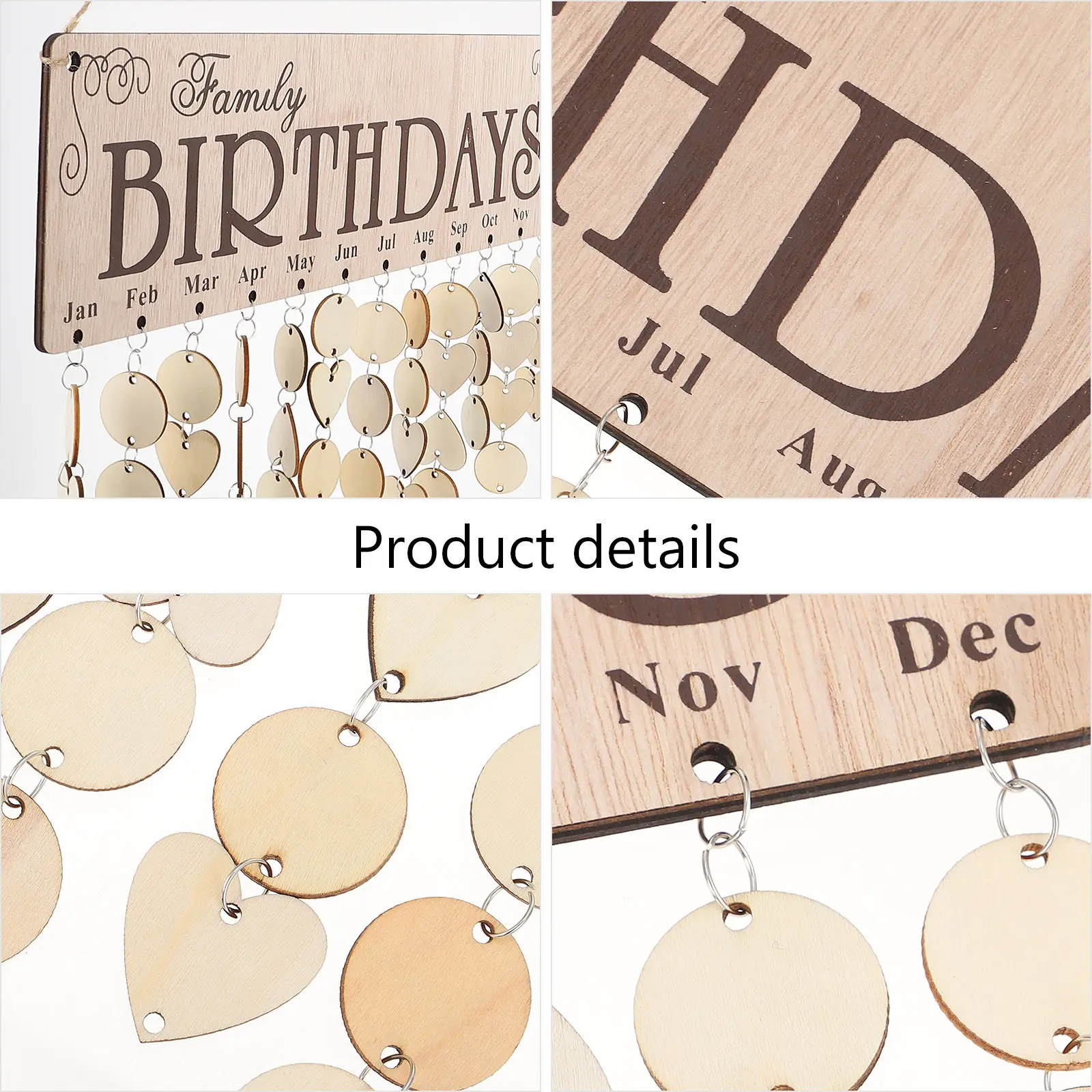

Набор для самостоятельной сборки: деревянный подвесной календарь с 50 круглыми и 50 сердцевидными подвесками, доска для напоминаний о днях рождения, органайзер для домашнего декора, коричневый