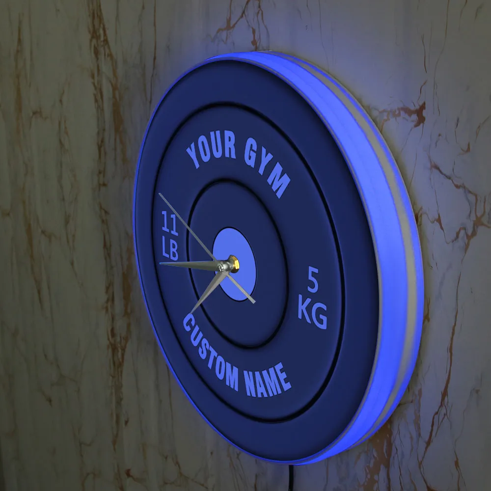 11LB 5KG Dumbbells Modern Design Printed Wall Clock With Backlight Custom Your GYM Name Fitness Center LED Sign Lighted Clock