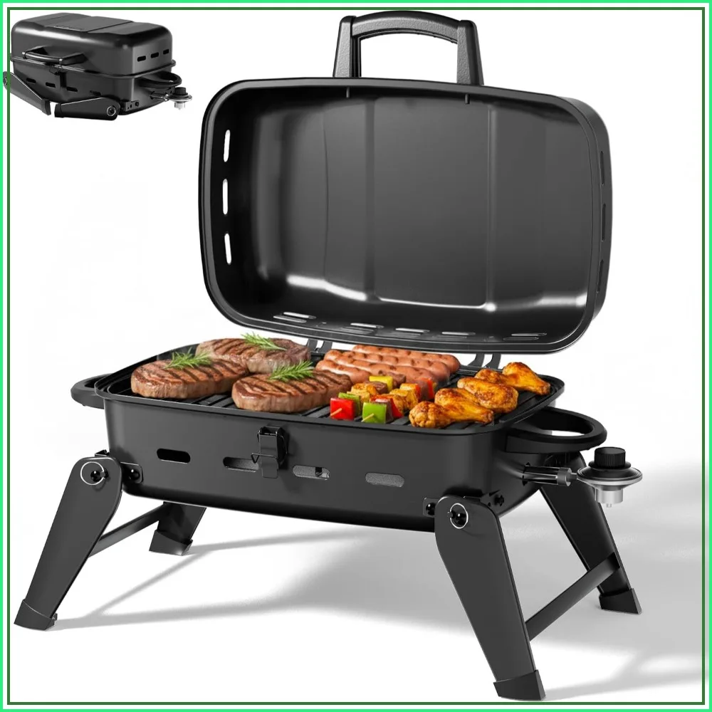 Portable Gas Grill 10,000 BTU Tabletop BBQ with Foldable Legs for Camping RV Patio