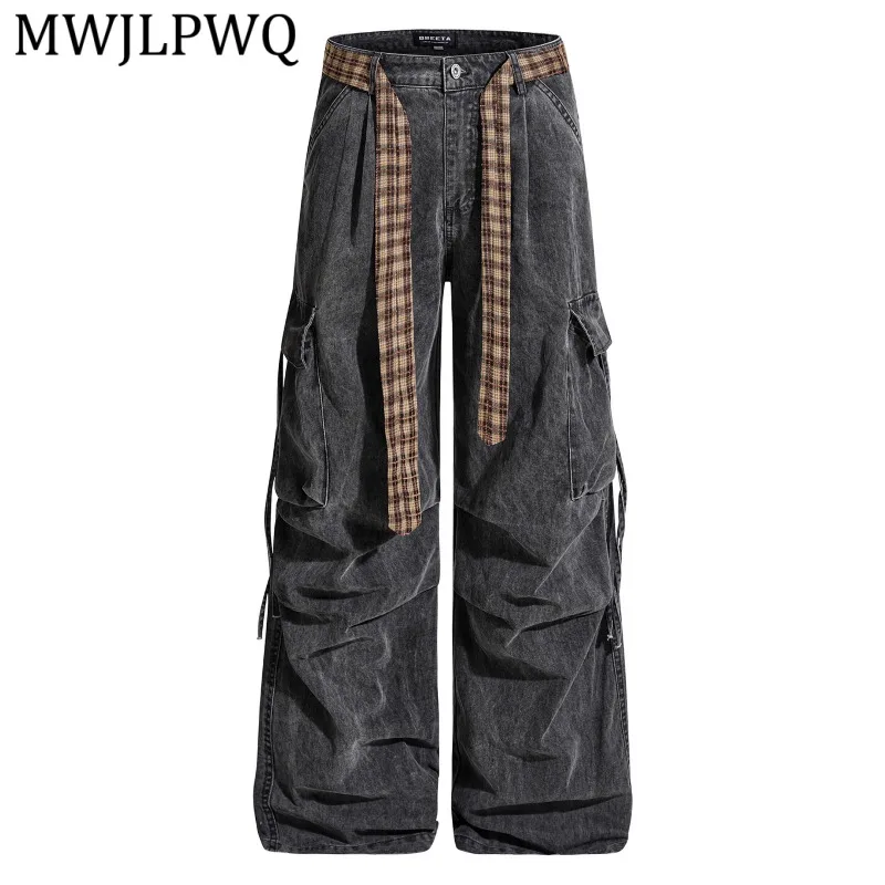 MWJLPWQ American Washed Plaid Patchwork Belted Pleated Cargo Pants For Men Women Loose Versatile Wide-Leg Casual Trousers 15981