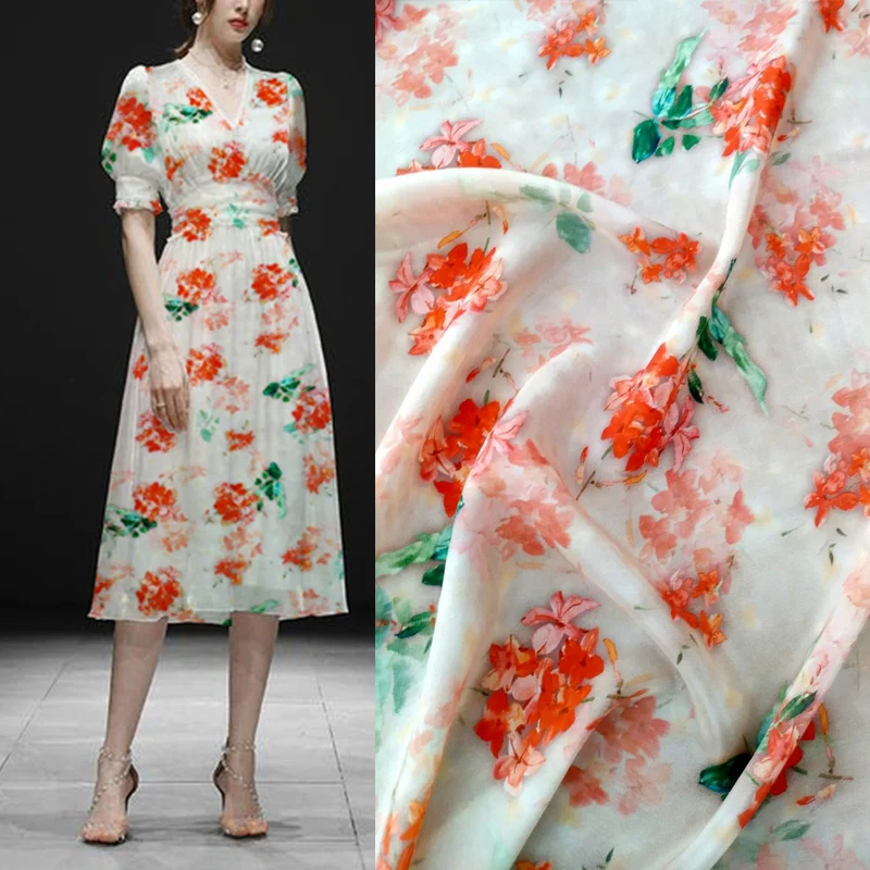 Fashion Pink Flower Printing Crepe De Chine Silk Fabric High Quality Luxury skirts Clothing DIY Satin Sewing Material Per Meter