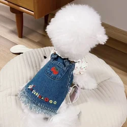 Pet Cherry Denim Skirt Pastoral Denim Strap Skirt Cute Dog Clothes Spring/Summer Teddy Marcis Yorkshire Dog Dresses Puppy