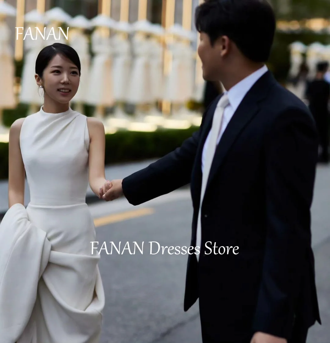 

FANAN Korea Ivory Scoop Ruched Wedding Dresses 웨딩드레스 Sleeveless Satin Sheath Zipped Simple Custom Made Bride Gowns Plus Size