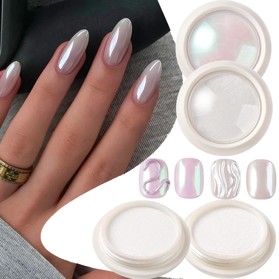 Aurora Pearl White Chrome nagelpoeder spiegeleffect maanlicht wit wrijven poeder - Aurora Dust met 2 oogschaduwsticks