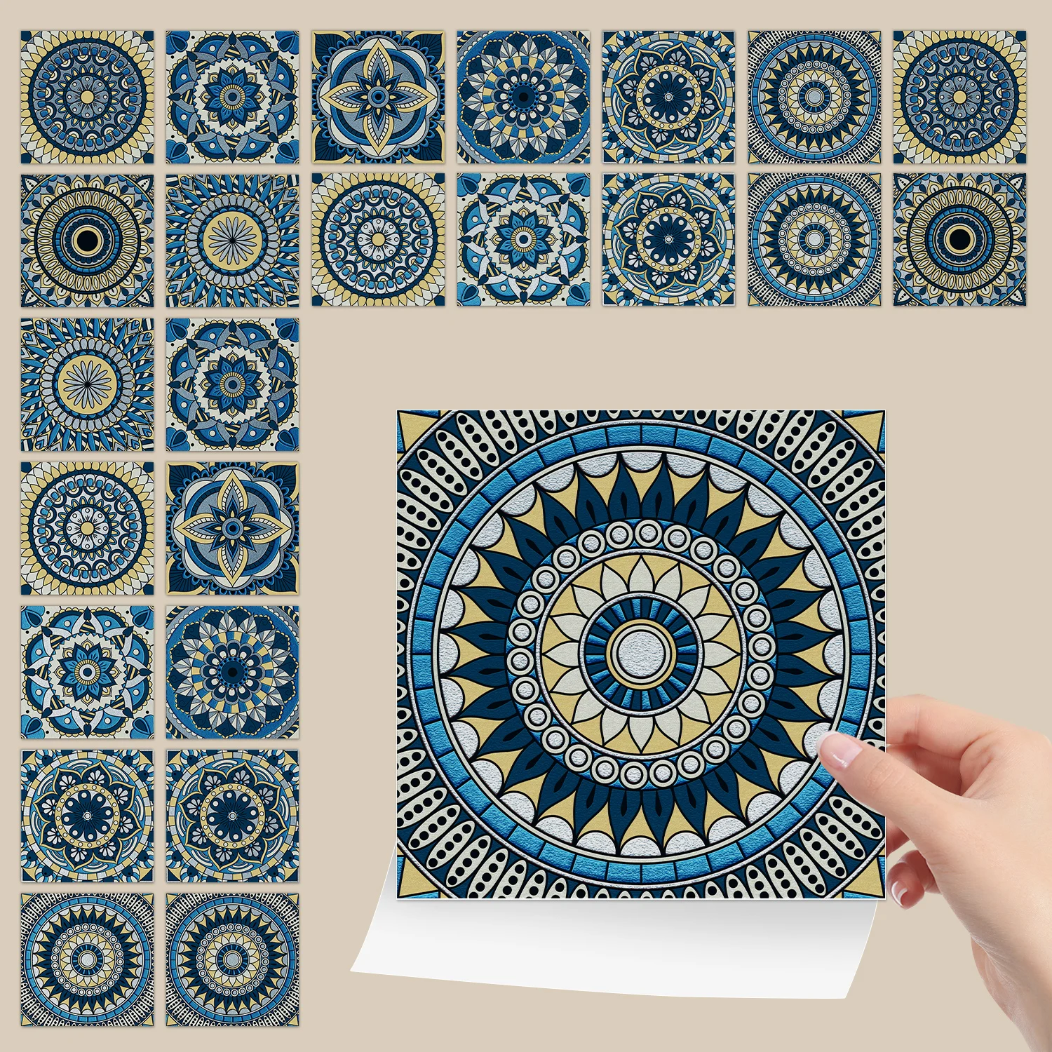 

Bohemian Mandala ceramic tile wall stickers, multi style blue and yellow art self-adhesive, home decoration stickers