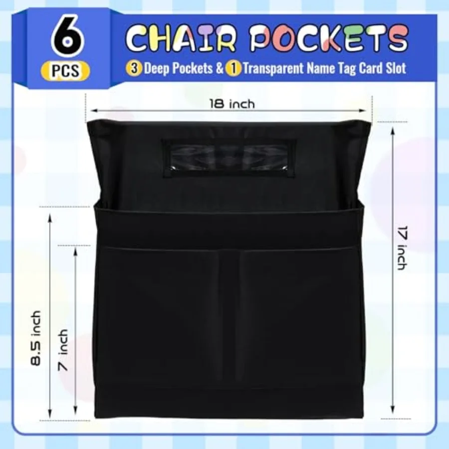 6 Pack 18 x 17 Inch Chair Pockets for Classroom Pockets Organizer with 4 Chair Storage Slot Without Name Tag Chart Desk Seat Ba