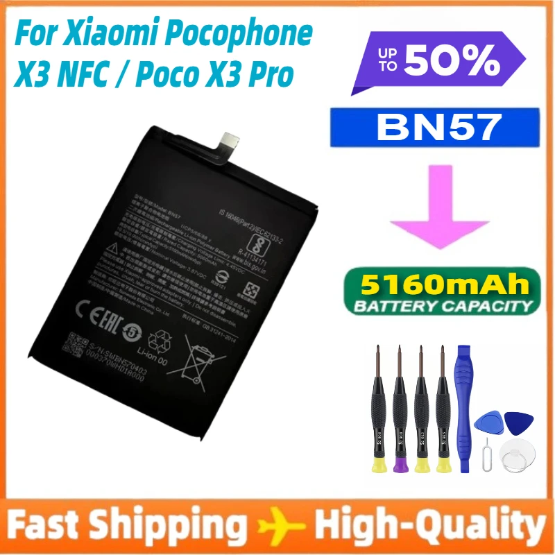 

BN57 5160mAh Phone Battery for Xiaomi Pocophone X3 NFC / Poco X3 Pro Replacement Batteries+With Tools