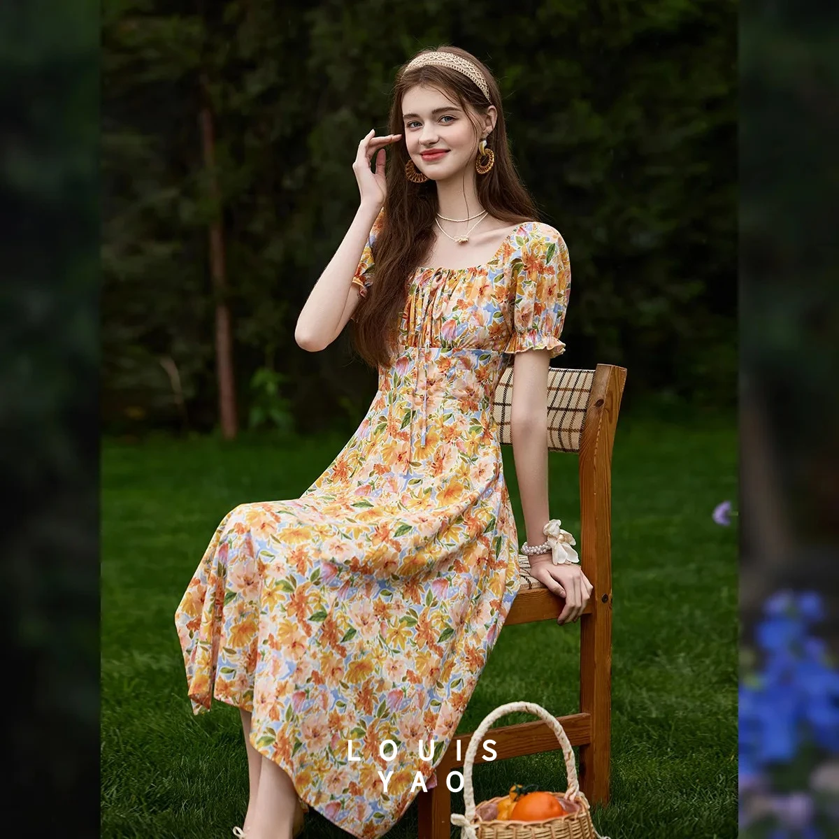 LOUISYAO Cotton French Pastoral Print Dress 2026 Summer Square Neck Raglan Sleeve High Waist Slim Long Dress