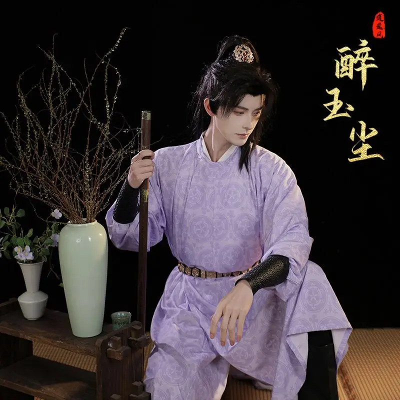 3 Buah Kostum Jubah Sutra Tiongkok Hanfu Pria Dinasti Tang Jubah Kerah Bulat Panjang Kuno Set Hanfu Tari Etnik Antik Pria Wanita