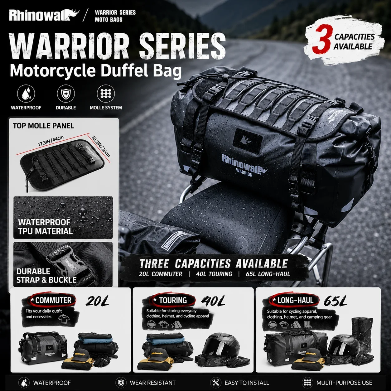 

Rhinowalk Motorcycle Tail Bag Waterproof Duffel Bag 20L 40L 65L Rear Seat Luggage Roll Bag MOLLE For Touring Camping Accessories