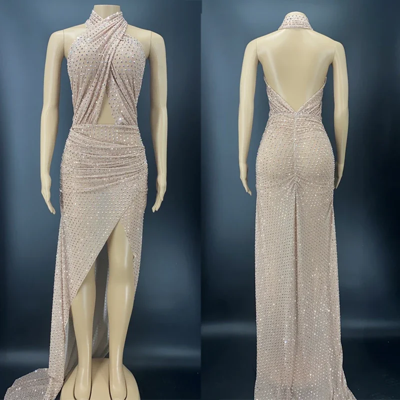 ชุดราตรีประดับเพชรเต็มตัว ชุดราตรียาวสีนู้ด ผู้หญิงวันเกิดตาข่ายเต้นรำชุดราตรีเซ็กซี่นักเต้นเครื่องแต่งกาย XS3071