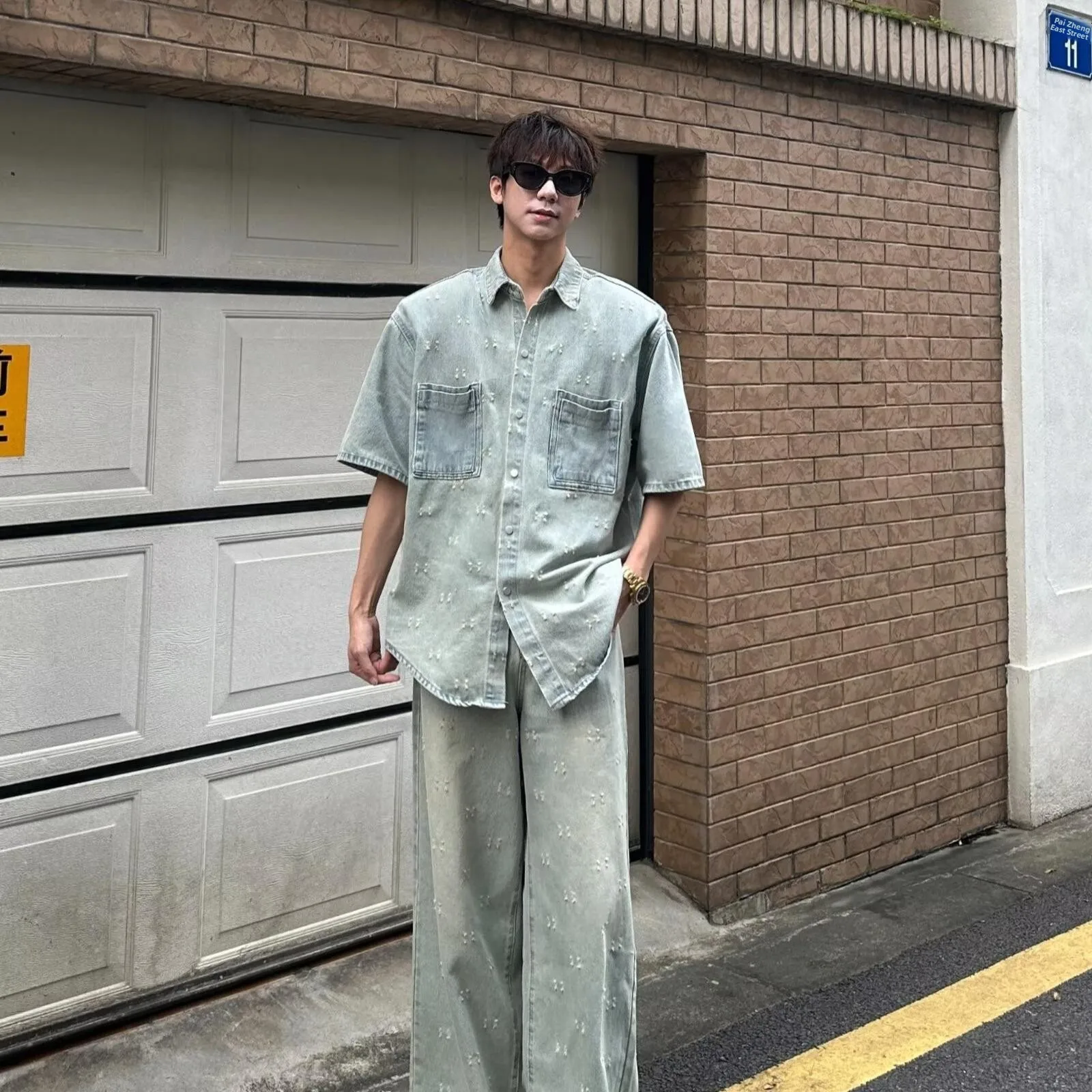 

Summer Large Size 250 Pou Thin Waed Ripped Denim ort Sve Men's Trendy Brand INS irt Five-Quarter Sve