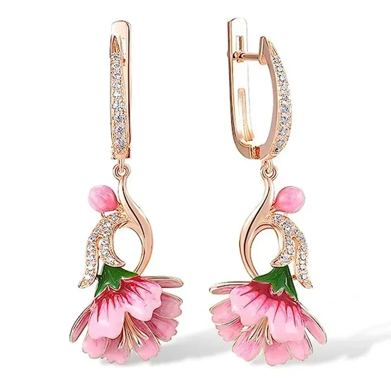 New Handmade Enamel Dynamic Flower Eardrops with Drip Oil, Fresh Flowers Inlaid with Zircon, Fashionable Rural Style Jewelry