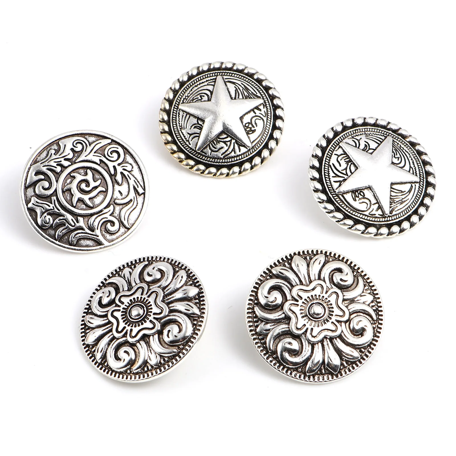 3pcs/lot Retro Round Metal Carved Shank Buttons Vintage Antique Silver Coat Jeans Button Star Flower Leaf Pattern Clothing DIY