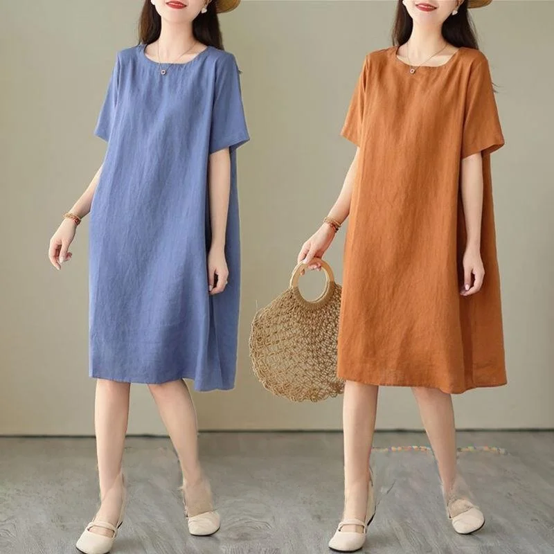 Retro Loose Fit Midi Dress Women's round Neck Single Two-Piece Pure Color Summer Slimming Large Size Casual Breathable Cotton...