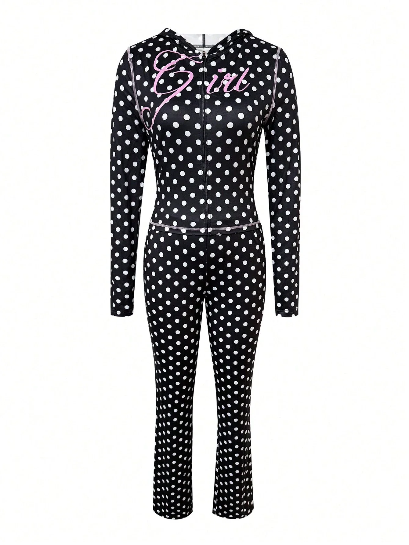 

Женский комплект из 2 предметов: укороченный топ с капюшоном в горошек и расклешенные брюки, повседневный весенний наряд, черный