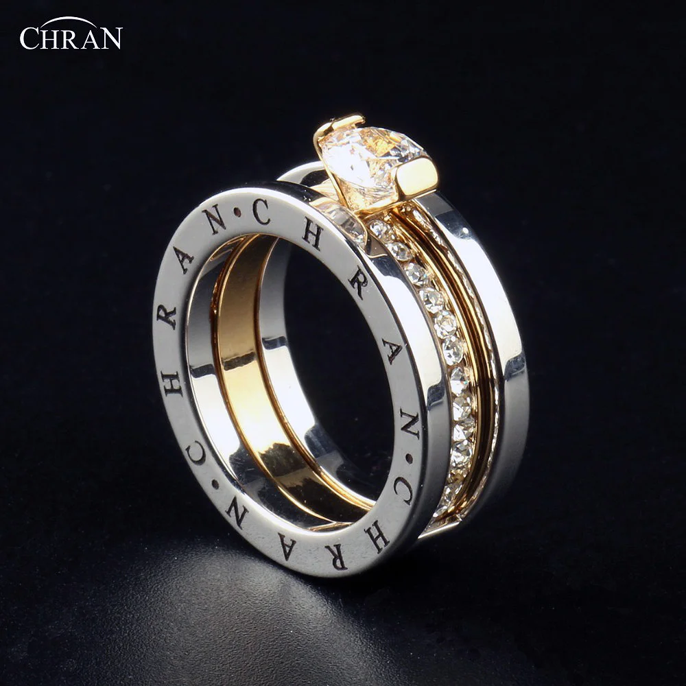 CHRAN Classic Zircon Wedding Bridal Ring Set Three Layers Elegant Luxury Engagement  Rings For Women  Girls Jewelry Gift