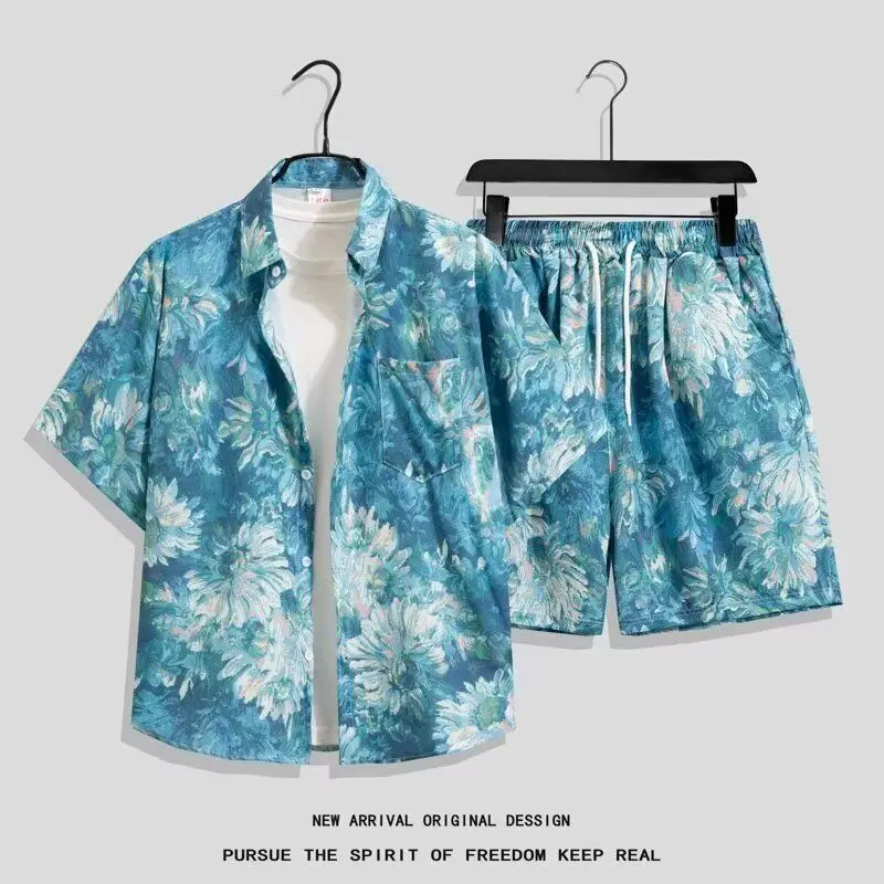 

Summer Men's Ice Silk Floral Print Loose Fit Shirt Shorts Beachwear Set Tropical Vacation Casual Outfit for Seaside Relaxation