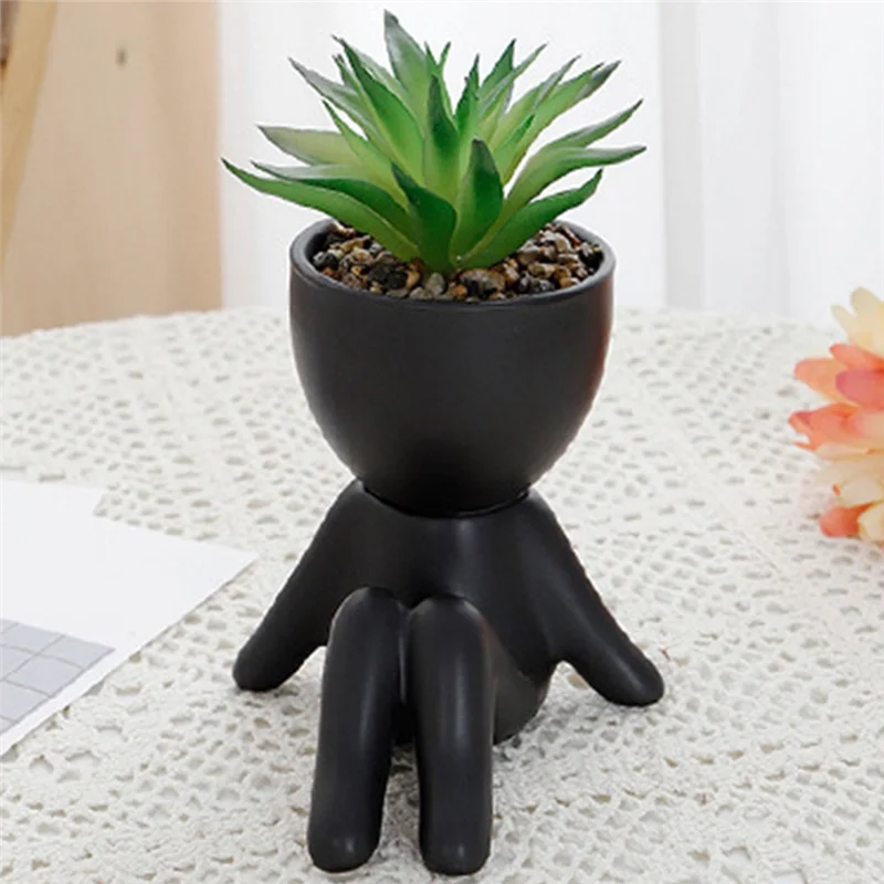 

Y51A-2PCS Succulents Plants Cute Faux Succulents In Black Human Shaped Pots Office Desk Decor
