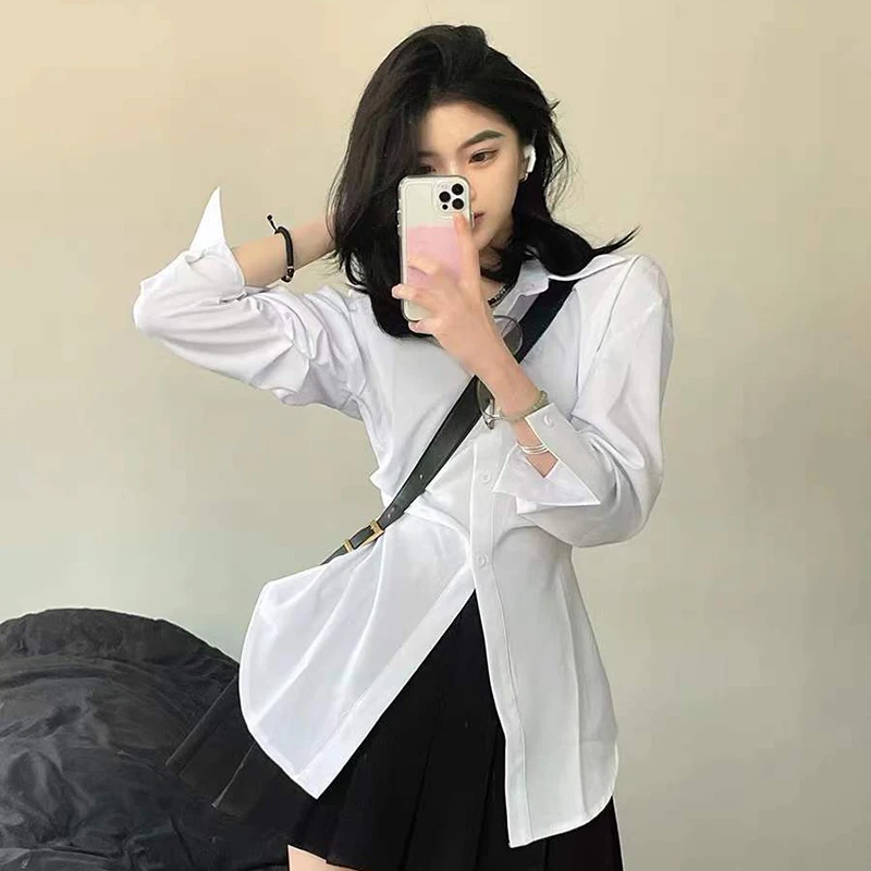 Y2k Women White Shirts Korean Sweet Slim Folds Long Sleeve Female Casual Blouse Fashion New All Match Chic Office Ladies Tops