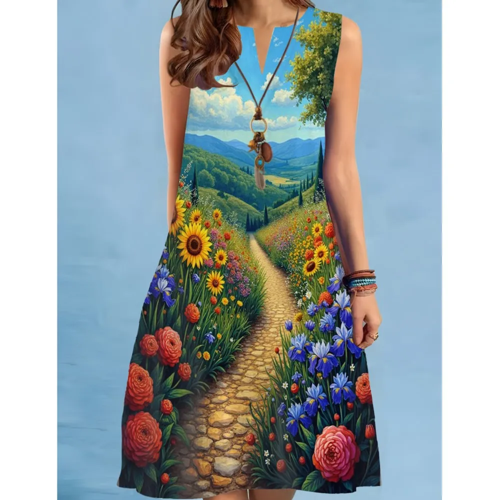 유행 꽃 미니 드레스 2025 여성 v 넥 민소매 섹시한 프린트 a 라인 드레스 보헤미아 비치웨어 Платья Roupas Feminina