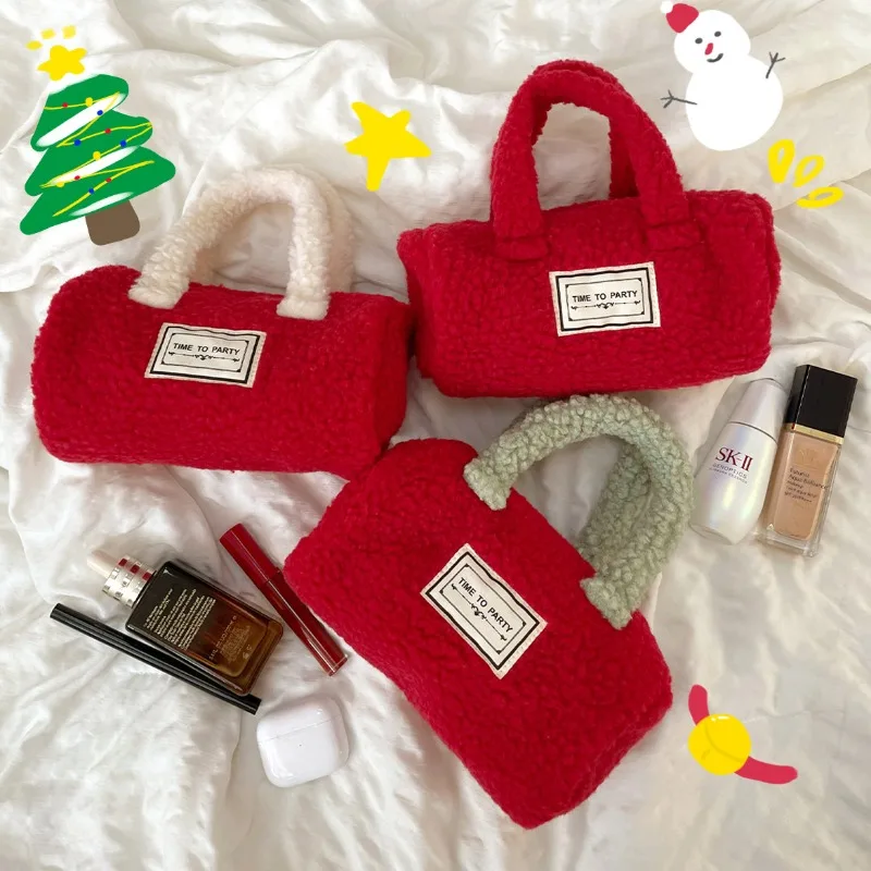 

Christmas New Year's Red Envelope with Contrasting Colors, Lamb Fur Handbag, Plush Storage Bag