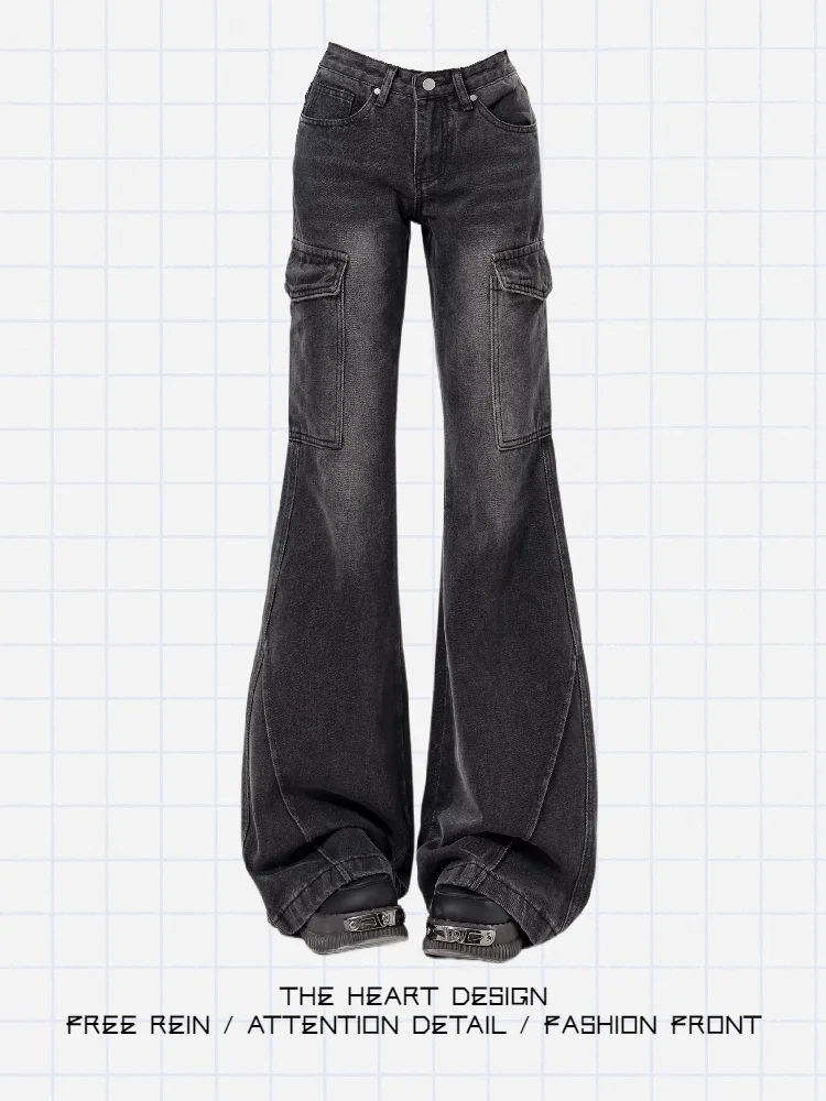 

High Waist Wide Leg Denim Work Pants Women's Loose Fit High Street Retro Bla ey Micro Flared Long Jeans American Sle