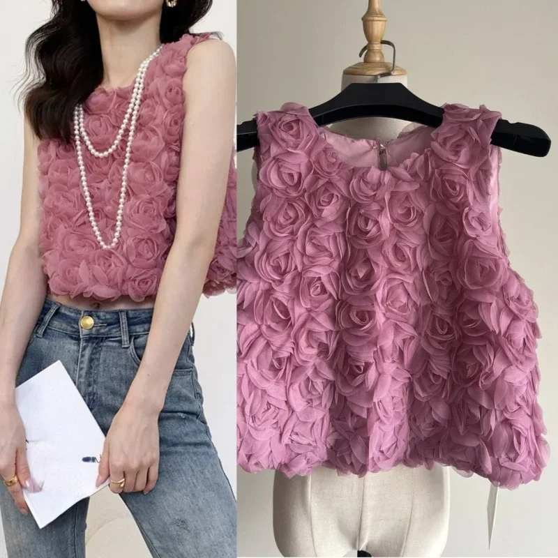 Fashion Sweet Crop Tops O Neck Sleeveless Flower Patchwork Solid Color Vests Freach Elegant Design Summer 2024 Women's Clothing