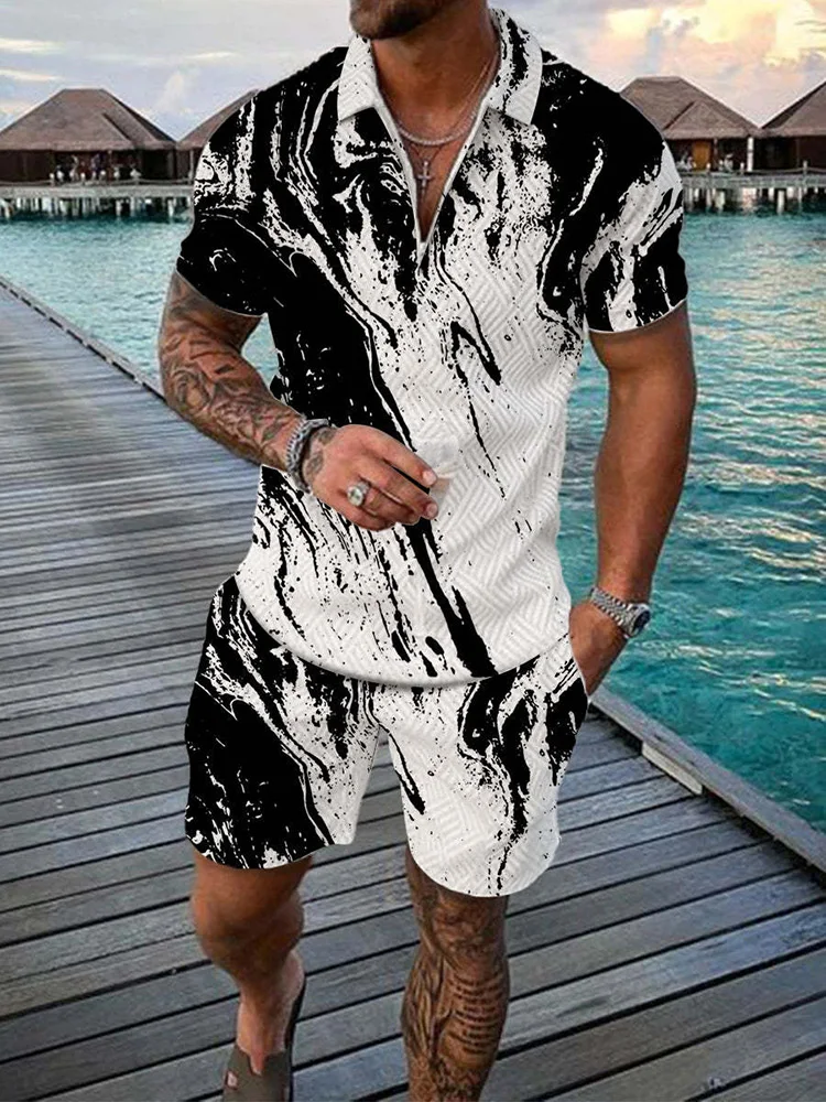 New Summer Colorful pattern Print Men's Tracksuit Set Casual Zipper Collar Polo Shirt And Shorts 2pcs Sets Fashion Man Clothing