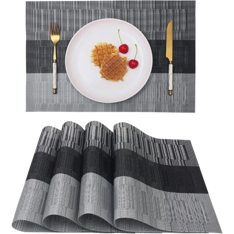 

Набор из 4 салфеток с черными, серыми градиентными полосками, тканые коврики для столовых приборов для использования в помещении и на открытом воздухе, кухонные коврики для обеденного стола, виниловое плетение, стираб