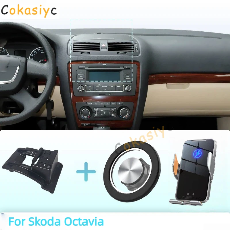 Suporte de Telefone Magnético para Carro Feito Sob Medida para Skoda Octavia 2007-2014 com Carregamento Sem Fio e Liberação com Um Toque Qi