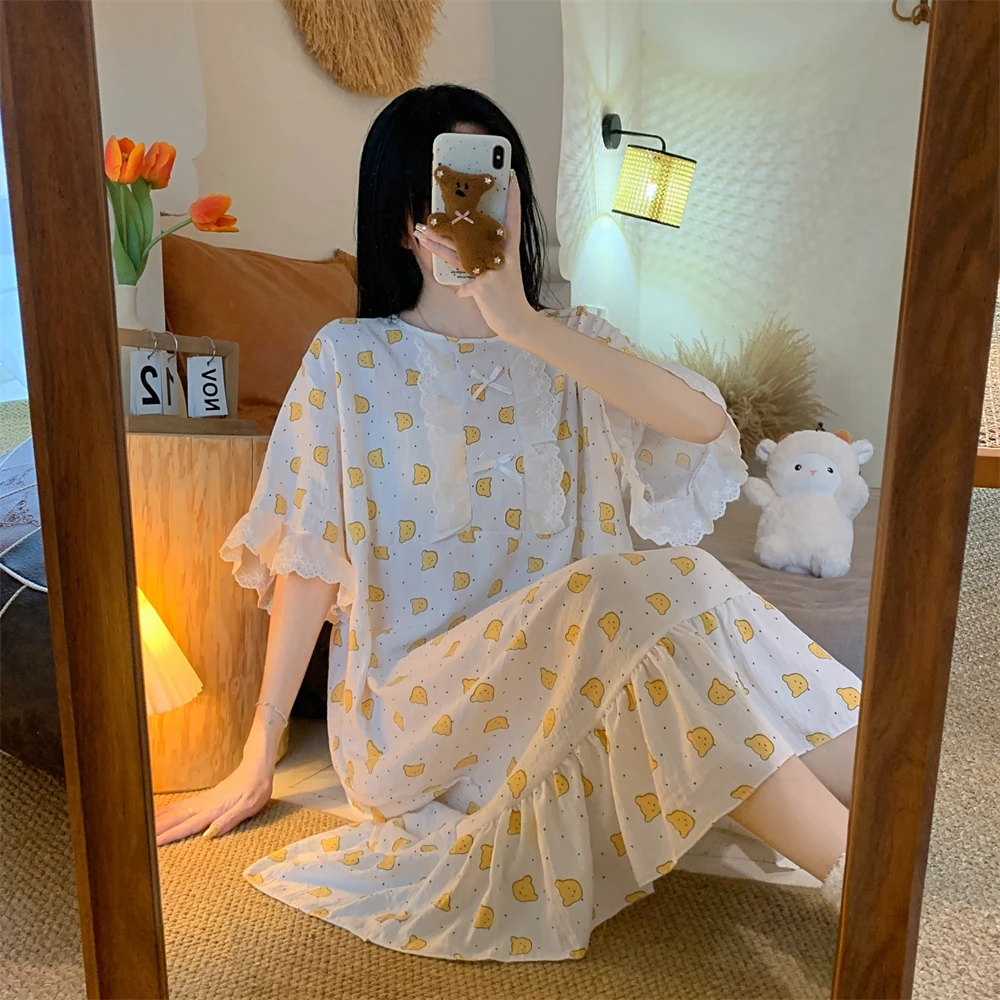 Short Sleeves Nightgowns Summer Thin Loose Nightdress Homewear Girls Sweet Princess Style Printing Sleepwear Women Home Dress