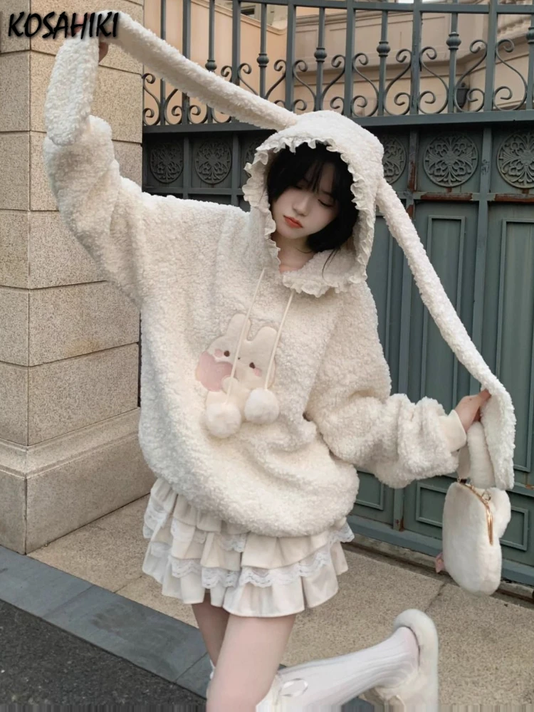 Y2k Aesthetic Lamb Wool Hoodies Women Causal Loose Cartoon Embroidery Hoodie Harajuku Rabbit\'s Ears Hoody Grunge Thick Cute Coat