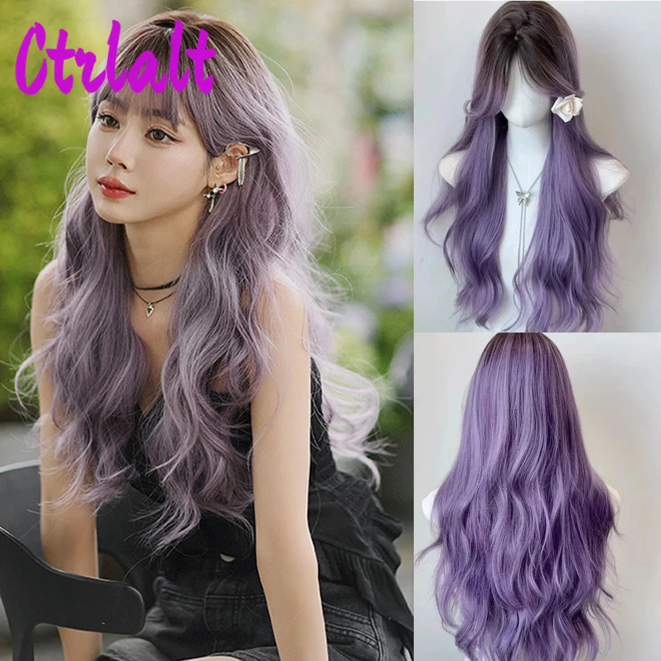 Wig sintetis berombak ungu abu-abu panjang dengan poni, Wig Halloween untuk anak perempuan, pesta Cosplay serat tahan panas Lolita