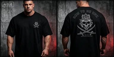 Double-sided oversized T-shirt with tactical skull and crossed swords pattern, short-sleeved military-style streetwear for fitne