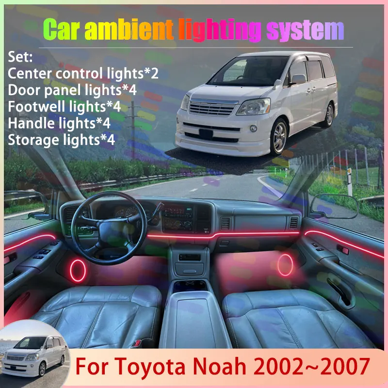 

Для Toyota Noah MK1 R60 2002 ~ 2007 2003 2004 Voxy 2/18 в 1, автомобильная атмосферная лампа, RGB абажур, ансамбль, стример, атмосферный набор