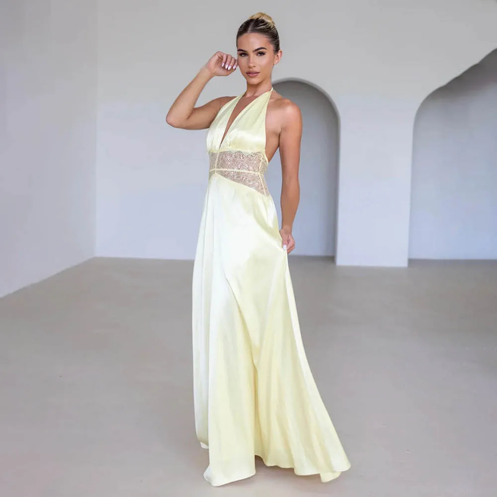 Kleider 2025, Frau, sexy Spitze, Vestidos, Abendkleid, Party, Bankett, tiefer V-Link, Robe, Leace-up, schlank, Neckholder, rückenfrei, Urlaub, trendig