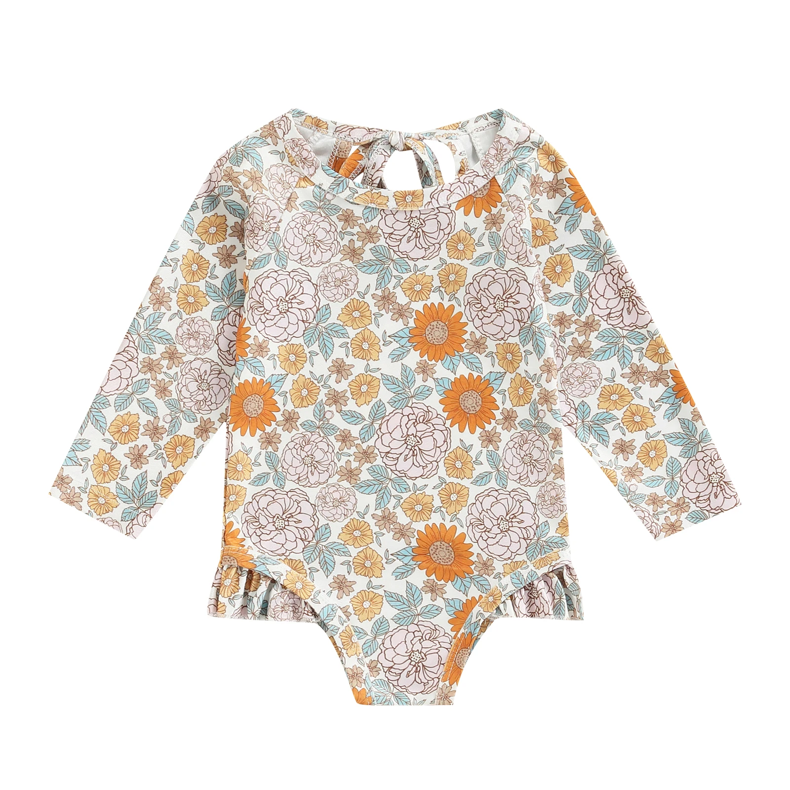 Baby Swimsuit Cute Summer Infant Baby Girls Swimwear Heart/ Flower Print Long Sleeve Ruffle Bathing Suit Children Beach Wear