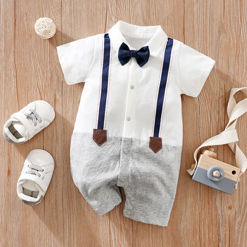 Summer Boys And Girls' Party Gentleman Strap Necktie Dress Cotton Comfortable Short Sleeve Baby Clothing Bodysuit