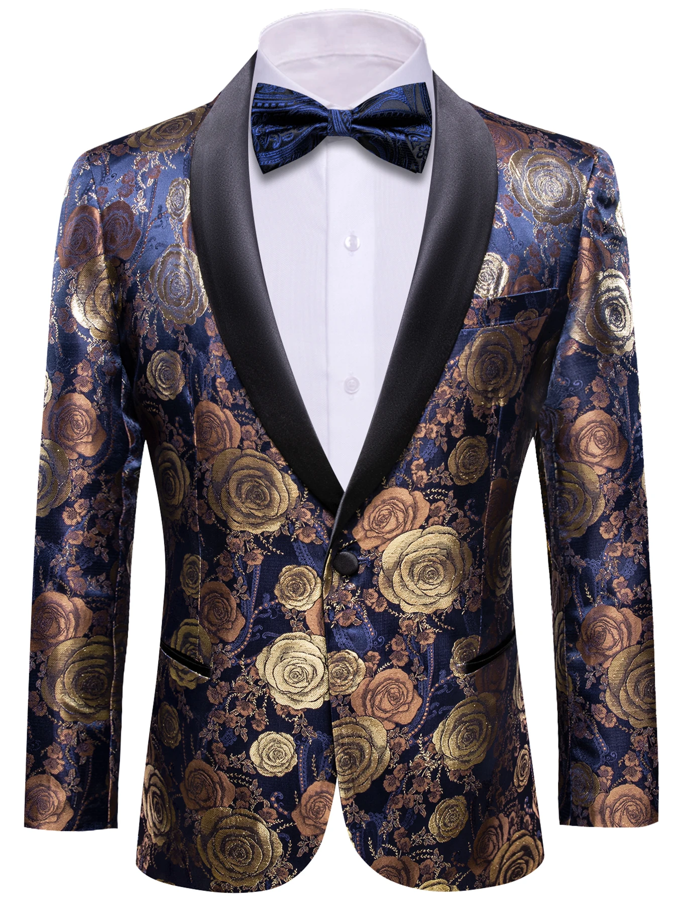 بدلة رجالية بقصة ضيقة معطف زفاف من قماش الجاكار مزين بالزهور وزر واحد وياقة مسطحة وألياف بوليستر مقاومة للتجاعيد