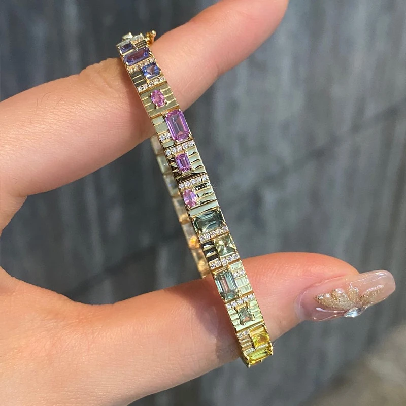 Aazuo Luxury 18K Yellow Gold Natrual Color Sapphire Real Diamonds Rainbow Bracelet For Woman Upscale Trendy Engagement Party