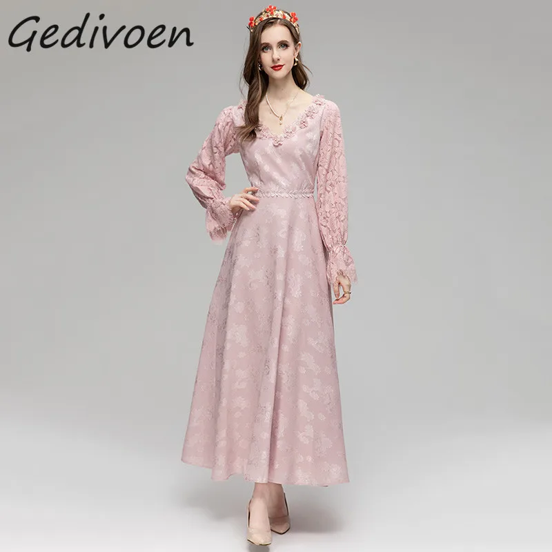 

Gedivoen Summer Fashion Runway Jacquard A-Line Dress Women Appliques V-Neck Lace Long Sleeve Elegant High Waist Pink Long Dress