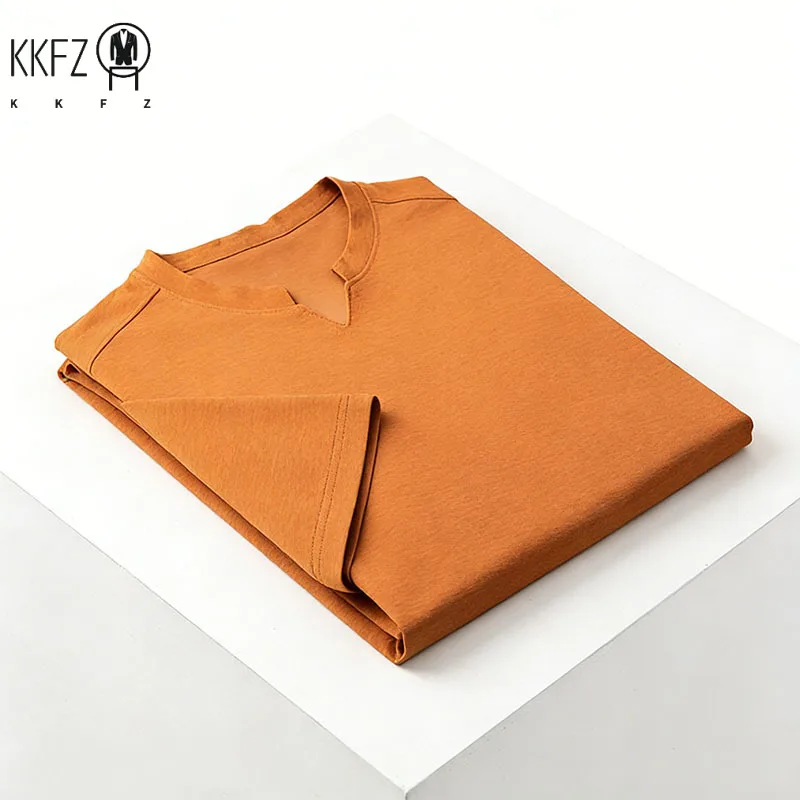 Men's Solid Beige V-split Stand Collar Short Sleeve T-shirt Minimalist Pocket-free Casual Business Tee