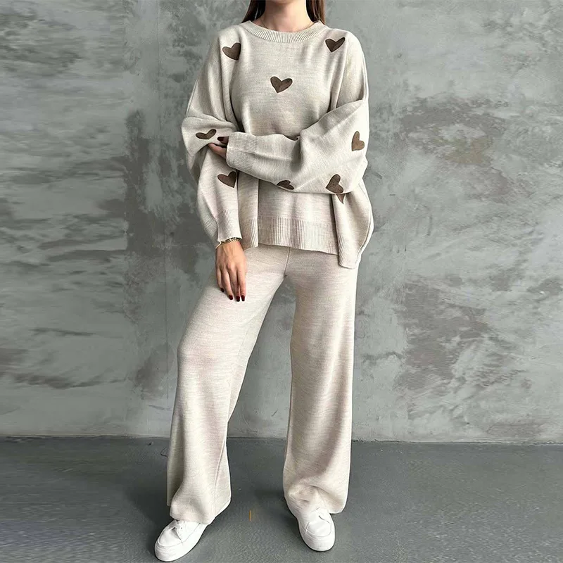 Women Knitting Suit Sweater Knitted Pants 2 Piece Sets Pullover Top Heart Print Trousers Ensemble Autumn Winter Knitwear Outfits