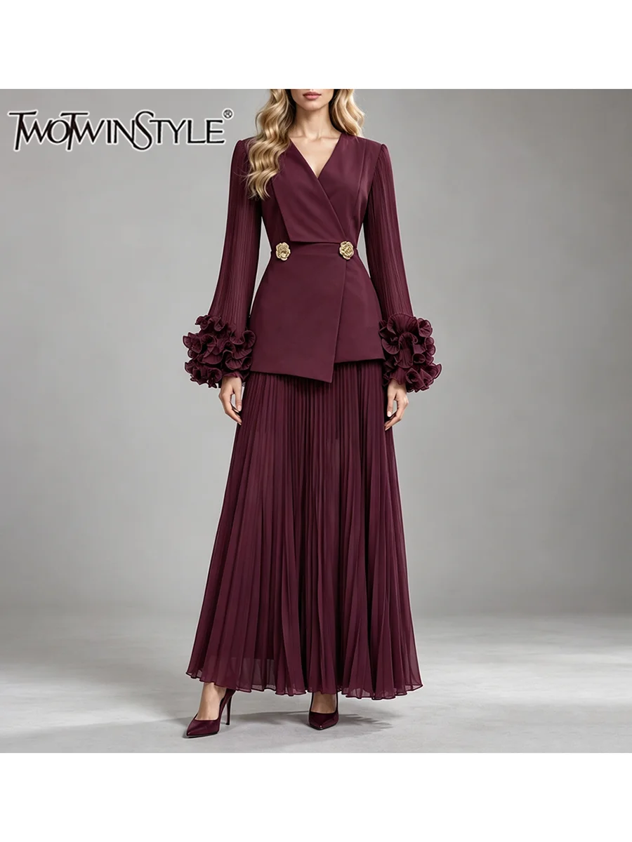 TWOTWINSTYLE Ruffled Spliced Pleated Slimming Dress for Women V Collar Long Sleeve Patchwork Double Button Maxi Dresses Female