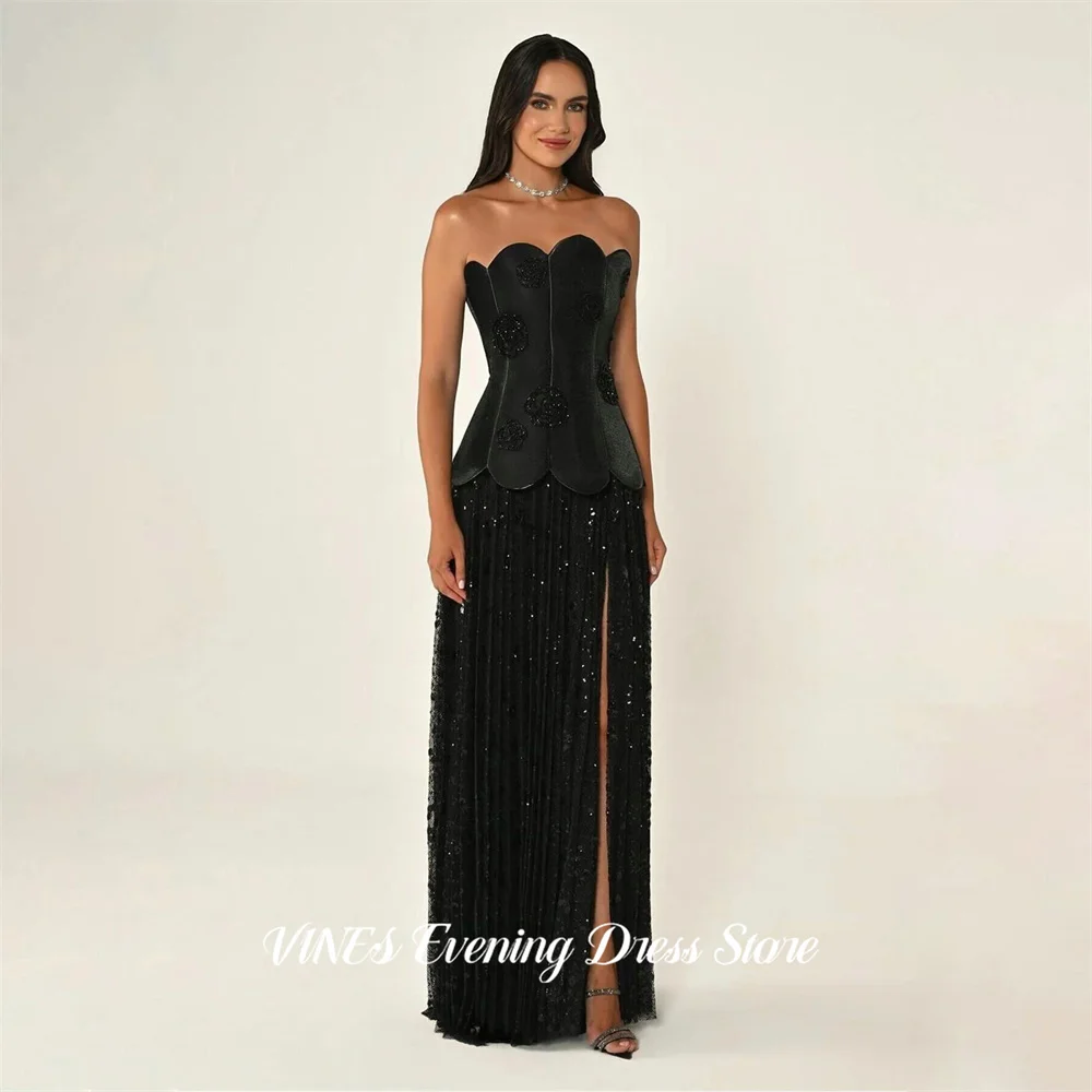 

VINES Black Strapless Mermaid Evening Dress Satin Bodice Prom Dress Sequin Pleated Party Dress High Slit Formal Gown Customized