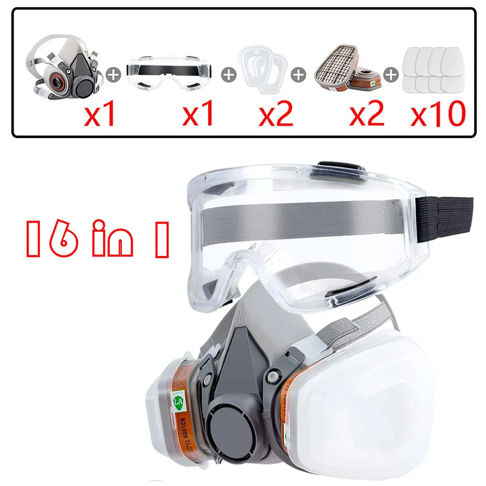 

16in1 6200 Half Face Dust Gas Mask Respirator For Industrial Paint Spray Chemical Organic Vapor With Filters Protection